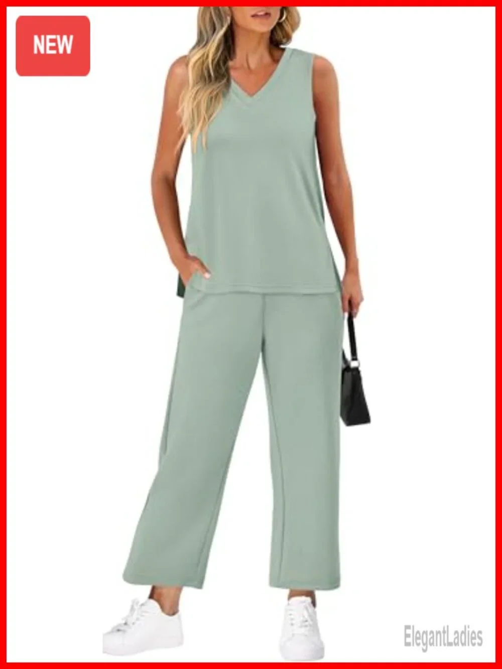 V Neck Lounge Matching Sets Two Piece Lounge Set Wide Leg Pants Sleeveless Tank